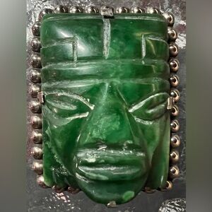 Vintage Mexican Sterling Silver handcrafted Jade in Aztec Warrior  brooch pin.